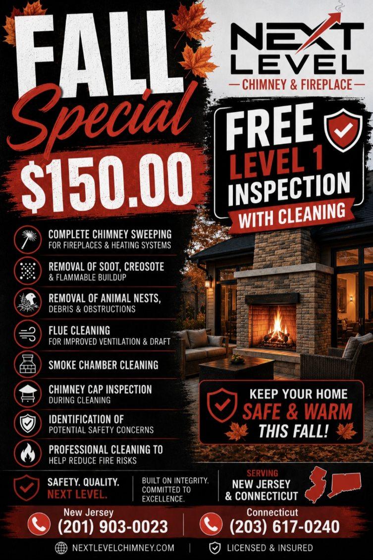 $150 fall chimney cleaning special with free Level 1 inspection